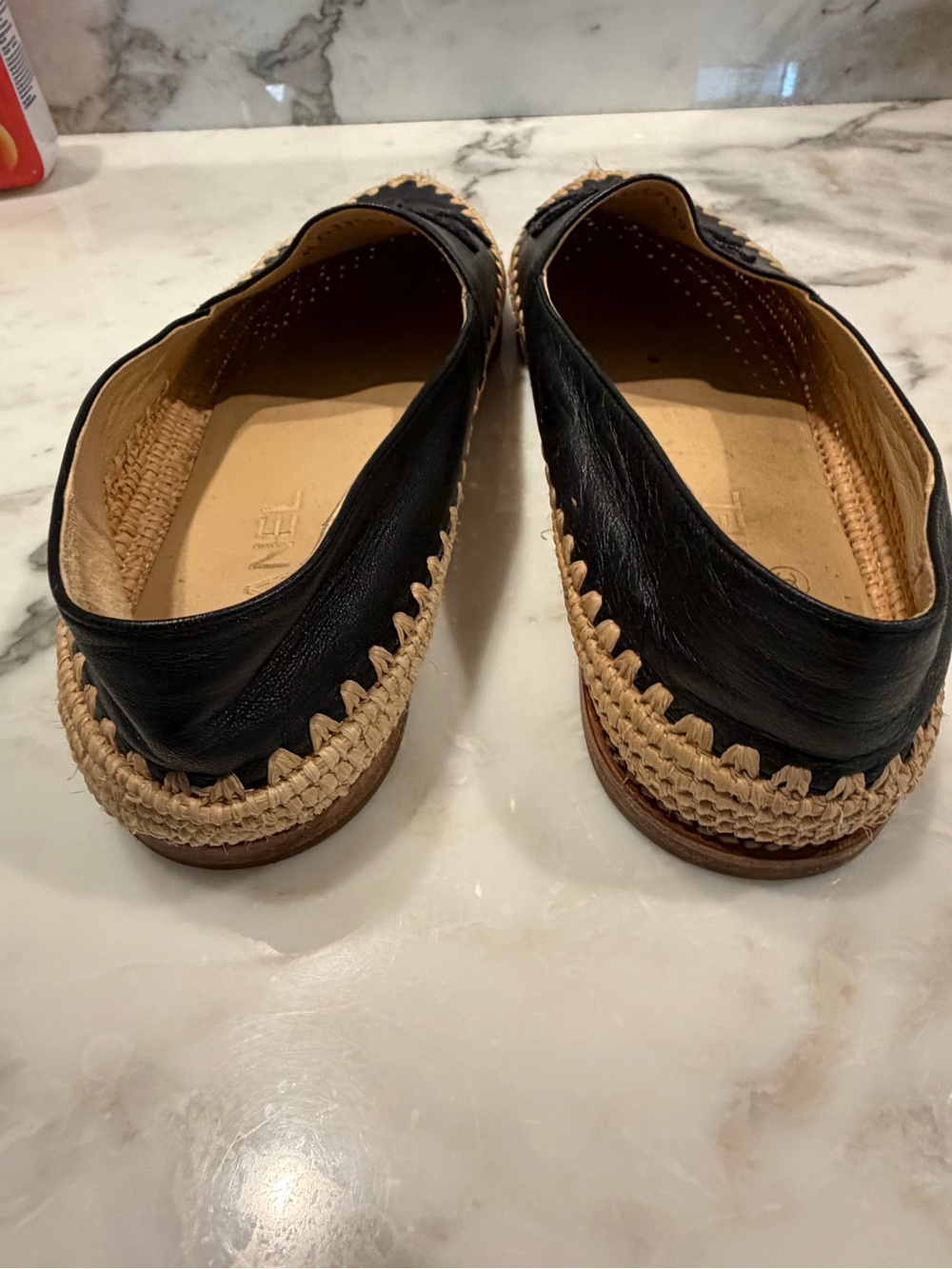 CHANEL Black Leather Espadrille Slip-On Loafers with Tan Trim - Picture 3 of 4